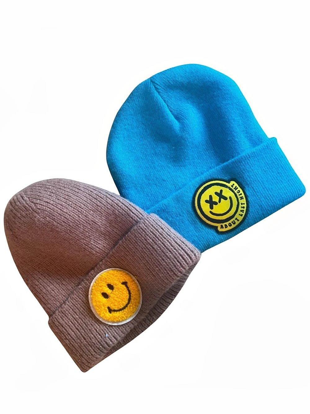 Smiley Face Knit Beanie Hat Bundle Blue & Brown Cuffed Winter Hats